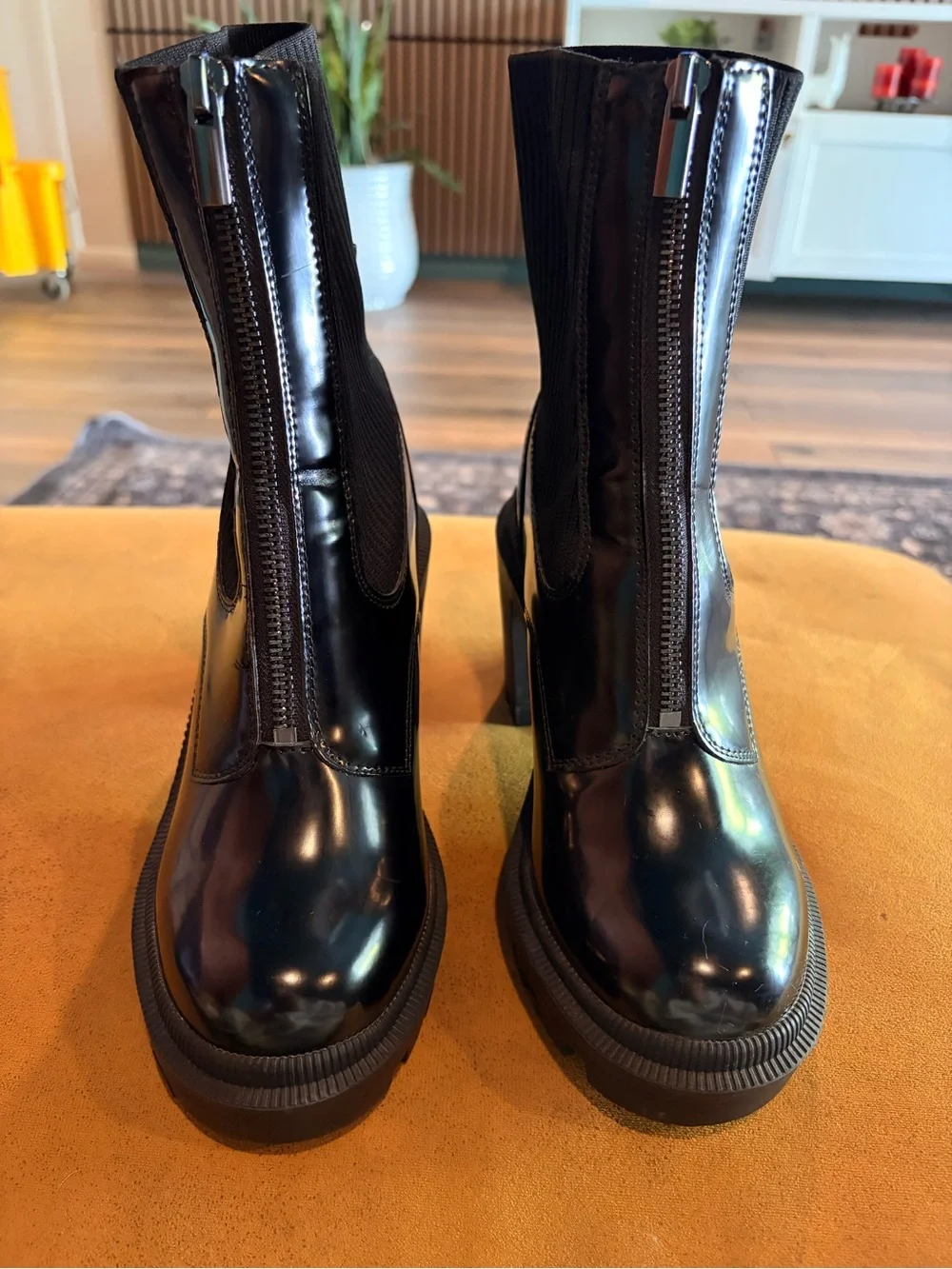 Forever 21 Black Patent Front-Zip Ankle Boots